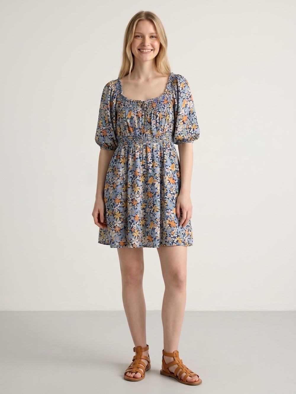 American Eagle Blue‎ Floral Peasant Babydoll Blouse Puff Sleeve Cottagecore